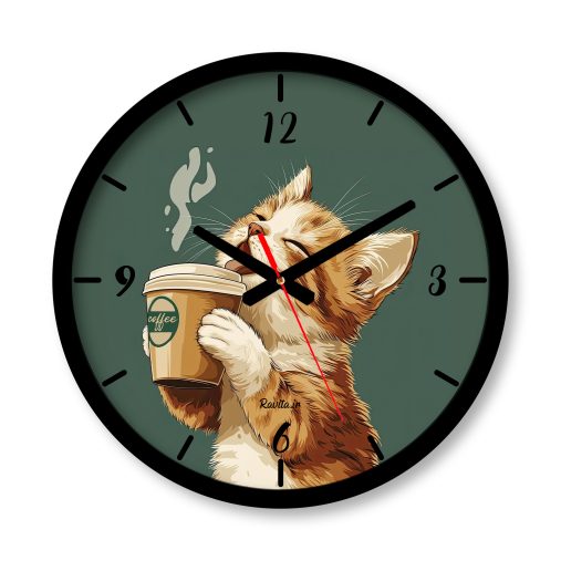 ساعت دیواری بزرگ راویتا طرح گربه و قهوه - Cat and Coffee کد 3676