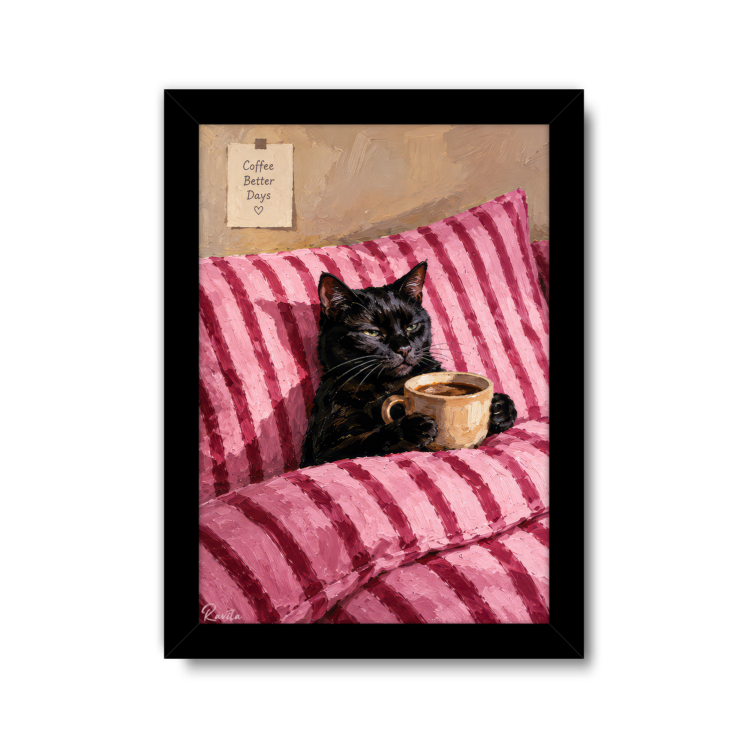 تابلو تکی راویتا طرح گربه سیاه و قهوه در تخت صورتی - Black Cat Coffee & Cozy Pink Bed کد 3959 تابلو تکی راویتا طرح گربه سیاه و قهوه در تخت صورتی - Black Cat Coffee & Cozy Pink Bed کد 3959