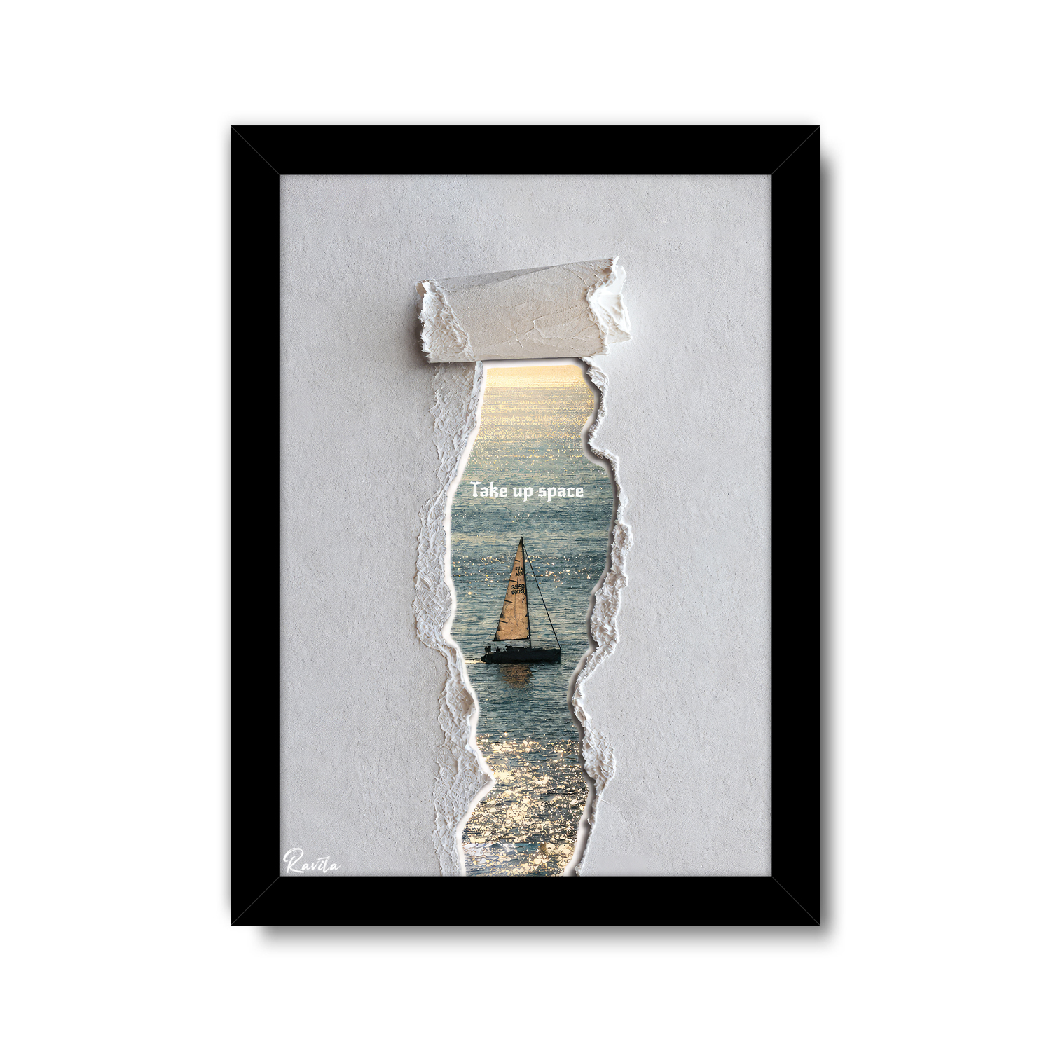 تابلو تکی راویتا طرح قایق بادبانی در قاب پارهشده دریا - Sailboat Through a Torn Seascape کد 3963 تابلو تکی راویتا طرح قایق بادبانی در قاب پارهشده دریا - Sailboat Through a Torn Seascape کد 3963