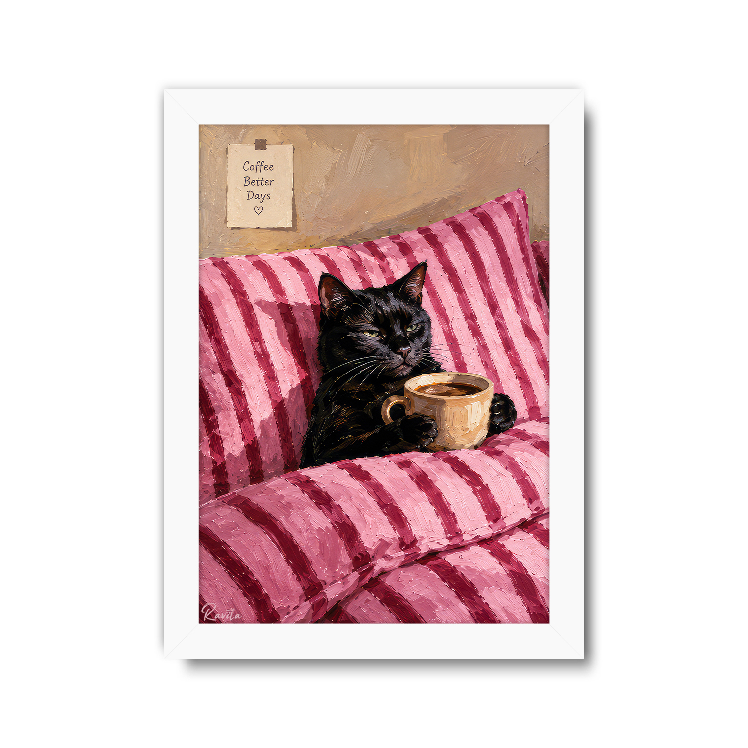 تابلو تکی راویتا طرح گربه سیاه و قهوه در تخت صورتی - Black Cat Coffee & Cozy Pink Bed کد 3959 تابلو تکی راویتا طرح گربه سیاه و قهوه در تخت صورتی - Black Cat Coffee & Cozy Pink Bed کد 3959