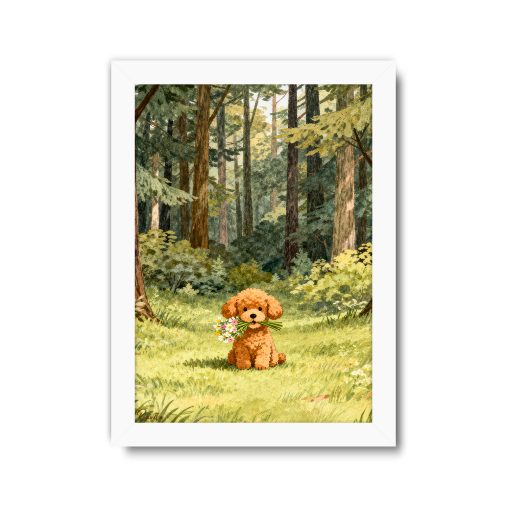 تابلو تکی راویتا طرح بچه سگ با دسته‌گل در جنگل - Puppy with Flowers in the Forest کد 3962