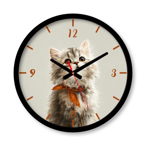 ساعت دیواری بزرگ راویتا طرح گربه پشمالو با پاپیون نارنجی - Fluffy Cat with Orange Bow کد 3937