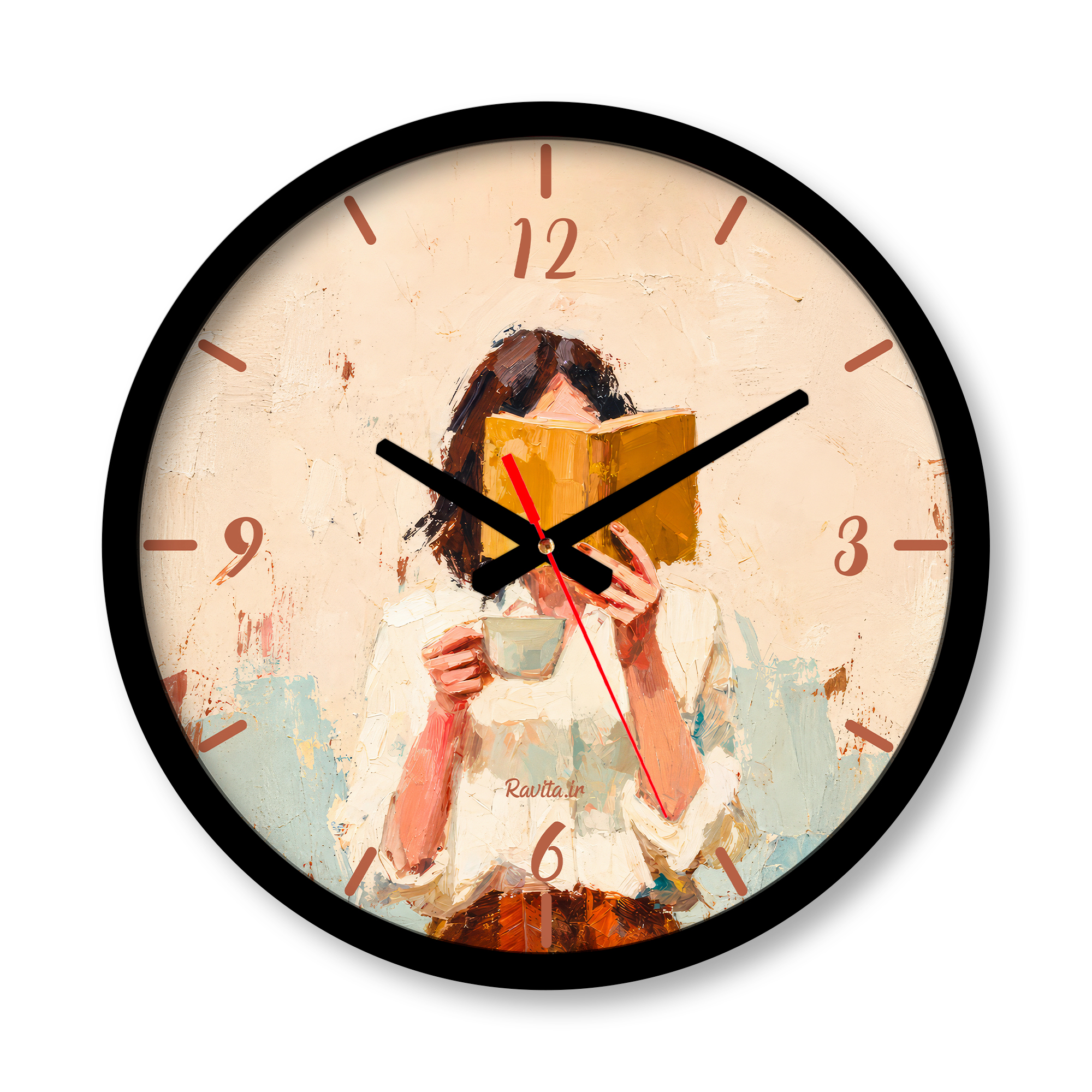 ساعت دیواری بزرگ راویتا طرح دختر کتابخوان و فنجان قهوه - Reading Girl with a Cup of Coffee کد 3944 ساعت دیواری بزرگ راویتا طرح دختر کتابخوان و فنجان قهوه - Reading Girl with a Cup of Coffee کد 3944