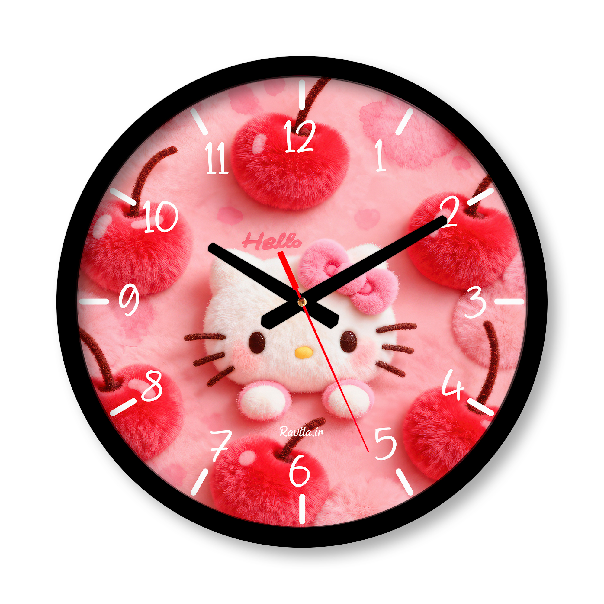 ساعت دیواری بزرگ راویتا طرح هلو کیتی و گیلاسهای صورتی - Hello Kitty & Pink Cherries کد 3948 ساعت دیواری بزرگ راویتا طرح هلو کیتی و گیلاسهای صورتی - Hello Kitty & Pink Cherries کد 3948