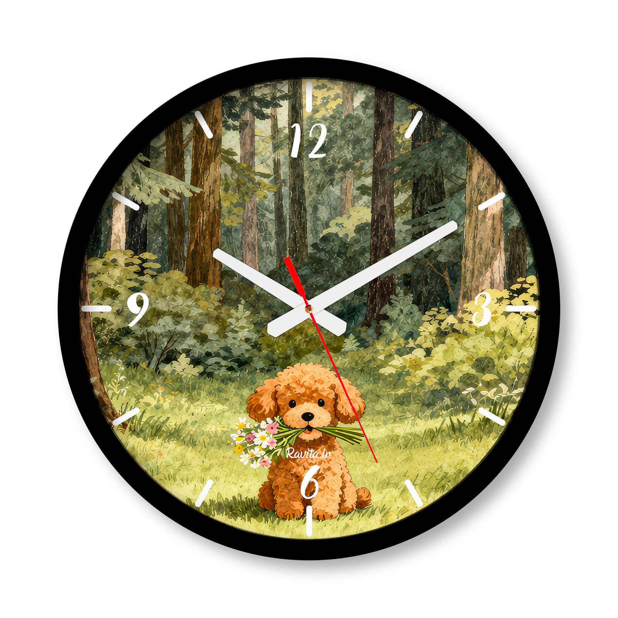 ساعت دیواری بزرگ راویتا طرح بچه سگ با دستهگل در جنگل - Puppy with Flowers in the Forest کد 3962 ساعت دیواری بزرگ راویتا طرح بچه سگ با دستهگل در جنگل - Puppy with Flowers in the Forest کد 3962