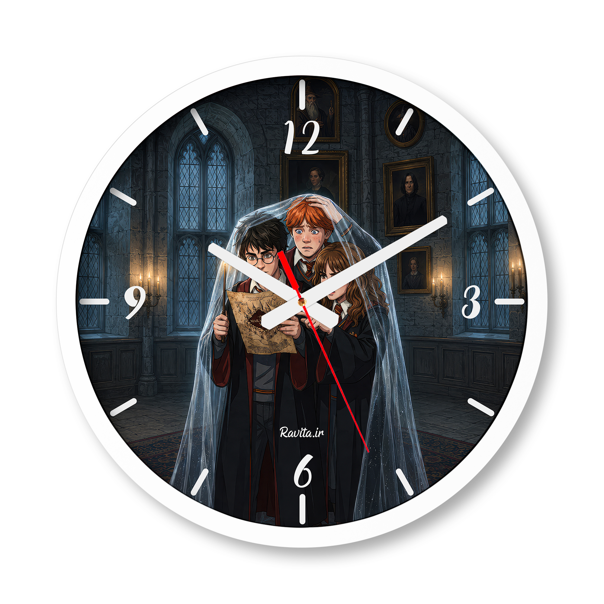 ساعت دیواری بزرگ راویتا طرح هری پاتر، رون و هرماینی زیر شنل نامرئی - Harry Potter, Ron & Hermione Beneath the Invisibility Cloak کد 3848 ساعت دیواری بزرگ راویتا طرح هری پاتر، رون و هرماینی زیر شنل نامرئی - Harry Potter, Ron & Hermione Beneath the Invisibility Cloak کد 3848