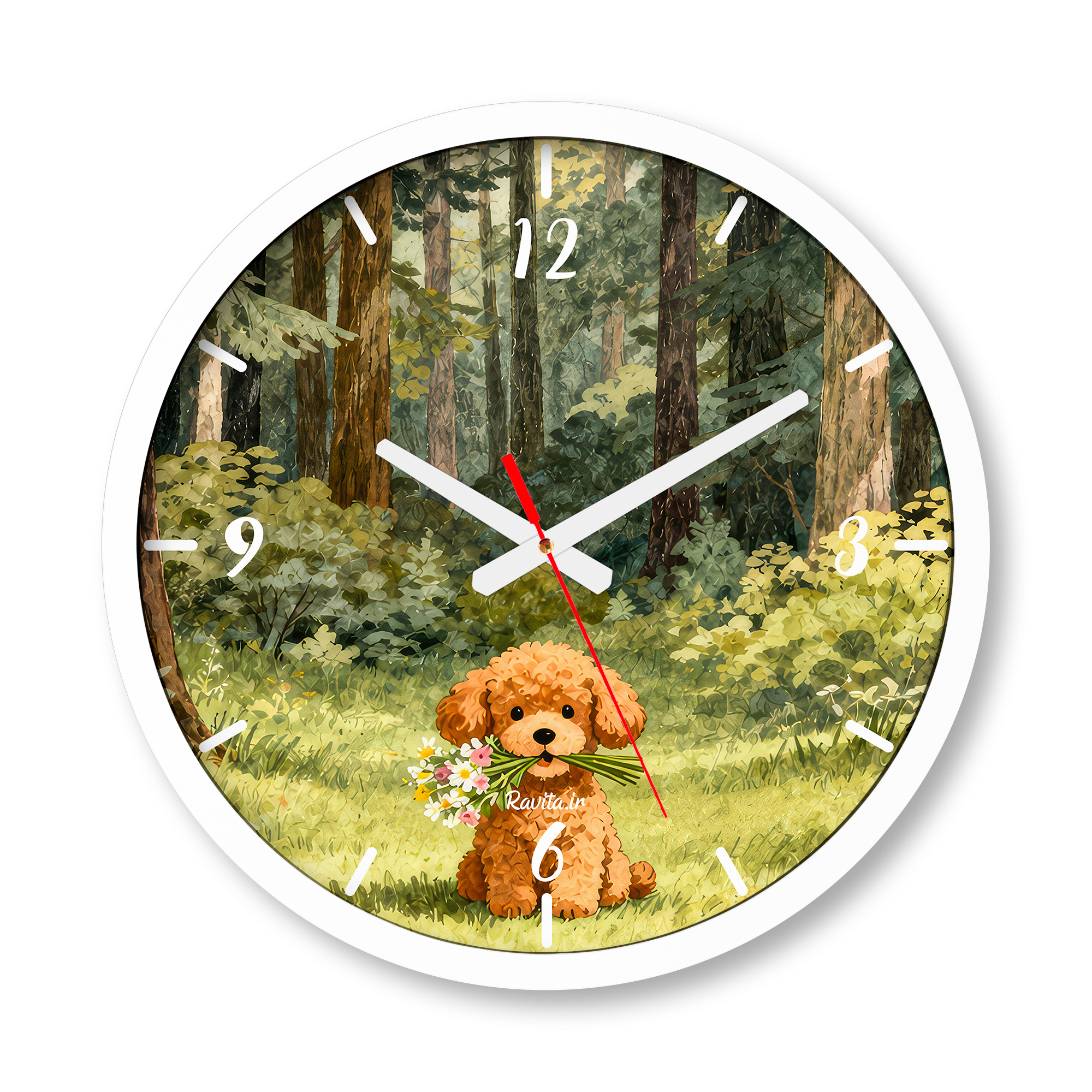 ساعت دیواری بزرگ راویتا طرح بچه سگ با دستهگل در جنگل - Puppy with Flowers in the Forest کد 3962 ساعت دیواری بزرگ راویتا طرح بچه سگ با دستهگل در جنگل - Puppy with Flowers in the Forest کد 3962