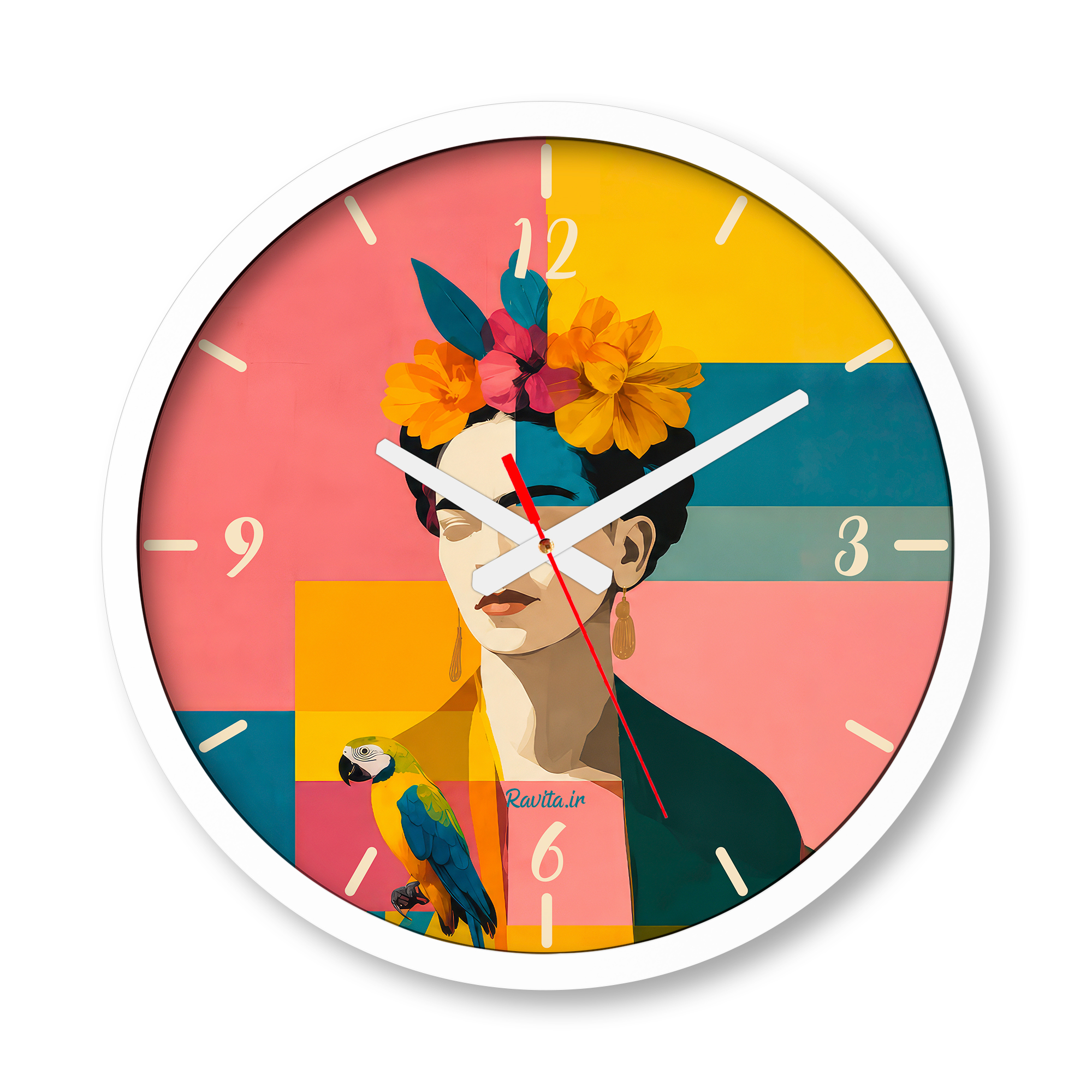 ساعت دیواری بزرگ راویتا طرح پرتره فریدا کالو با طوطی - Frida Kahlo Portrait with a Parrot کد 3966 ساعت دیواری بزرگ راویتا طرح پرتره فریدا کالو با طوطی - Frida Kahlo Portrait with a Parrot کد 3966