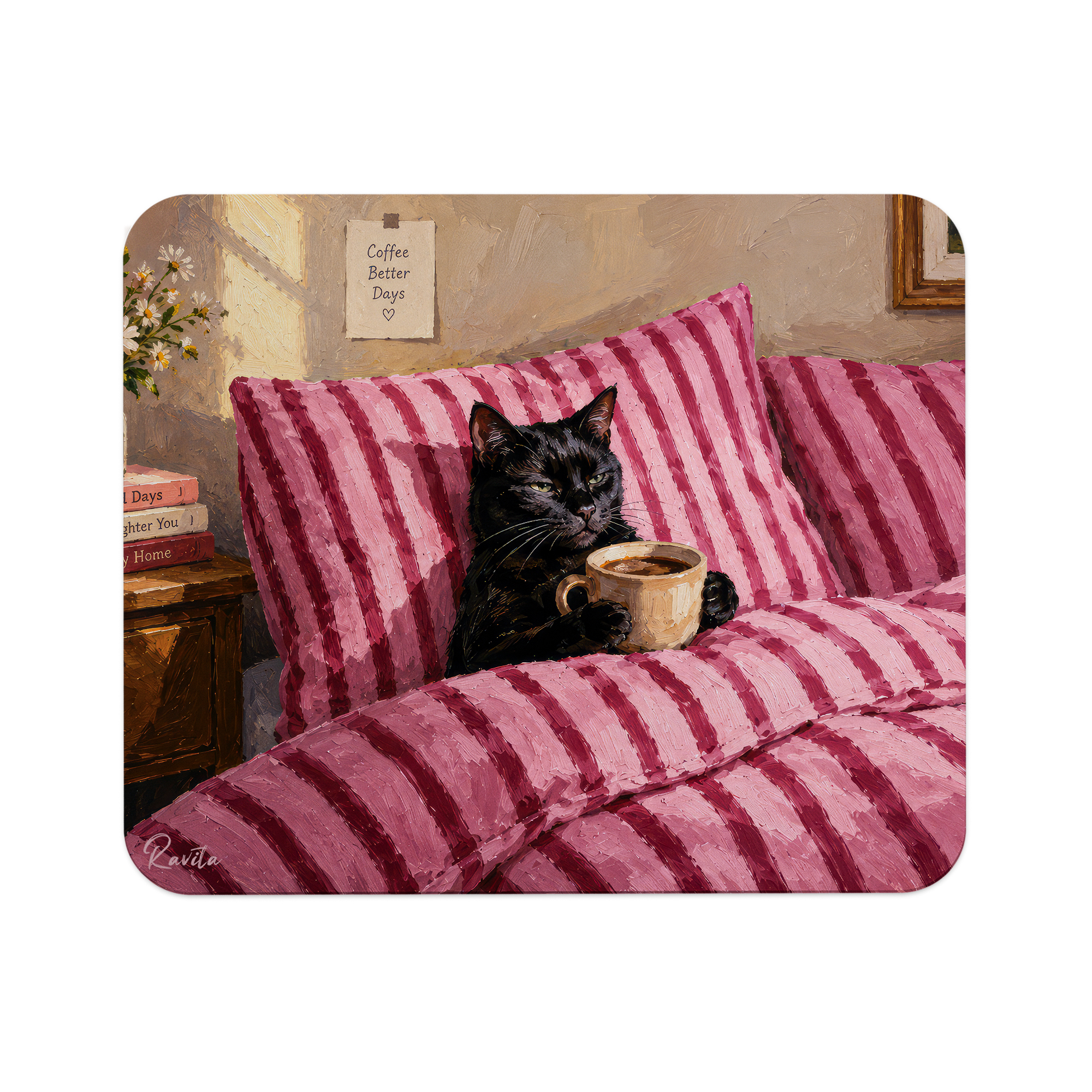 پدماوس راویتا طرح گربه سیاه و قهوه در تخت صورتی - Black Cat Coffee & Cozy Pink Bed کد 3959 پدماوس راویتا طرح گربه سیاه و قهوه در تخت صورتی - Black Cat Coffee & Cozy Pink Bed کد 3959