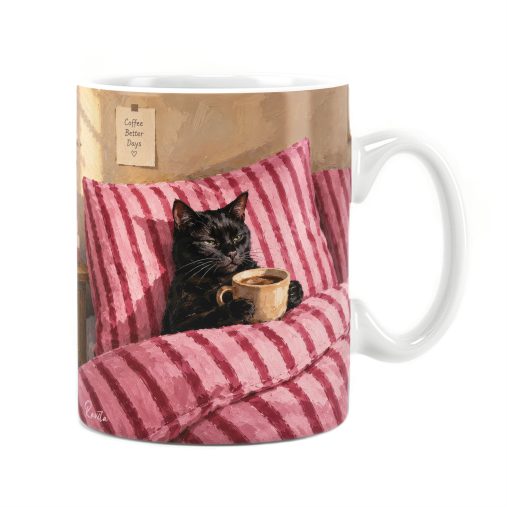 ماگ راویتا طرح گربه سیاه و قهوه در تخت صورتی - Black Cat Coffee & Cozy Pink Bed کد 3959