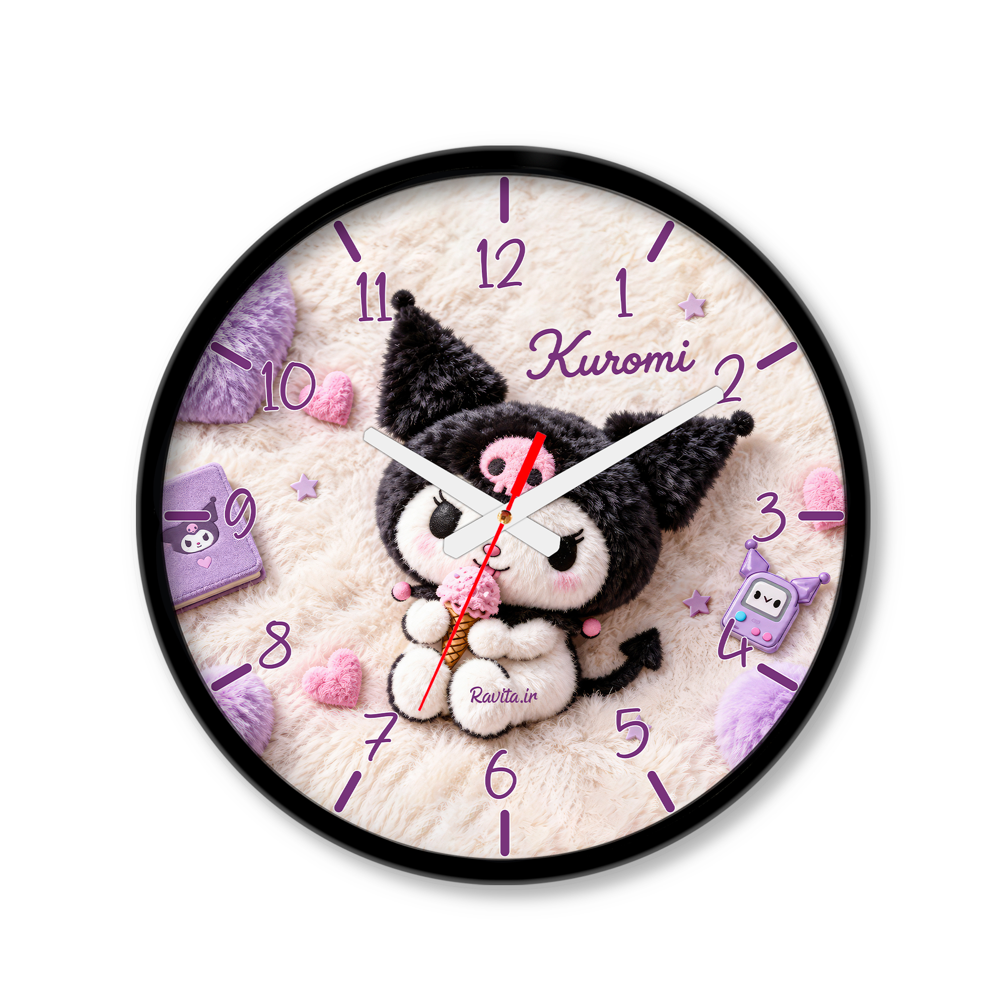ساعت رومیزی دیواری راویتا طرح کرومی با بستنی - Kuromi with Ice Cream کد 3954 ساعت رومیزی دیواری راویتا طرح کرومی با بستنی - Kuromi with Ice Cream کد 3954