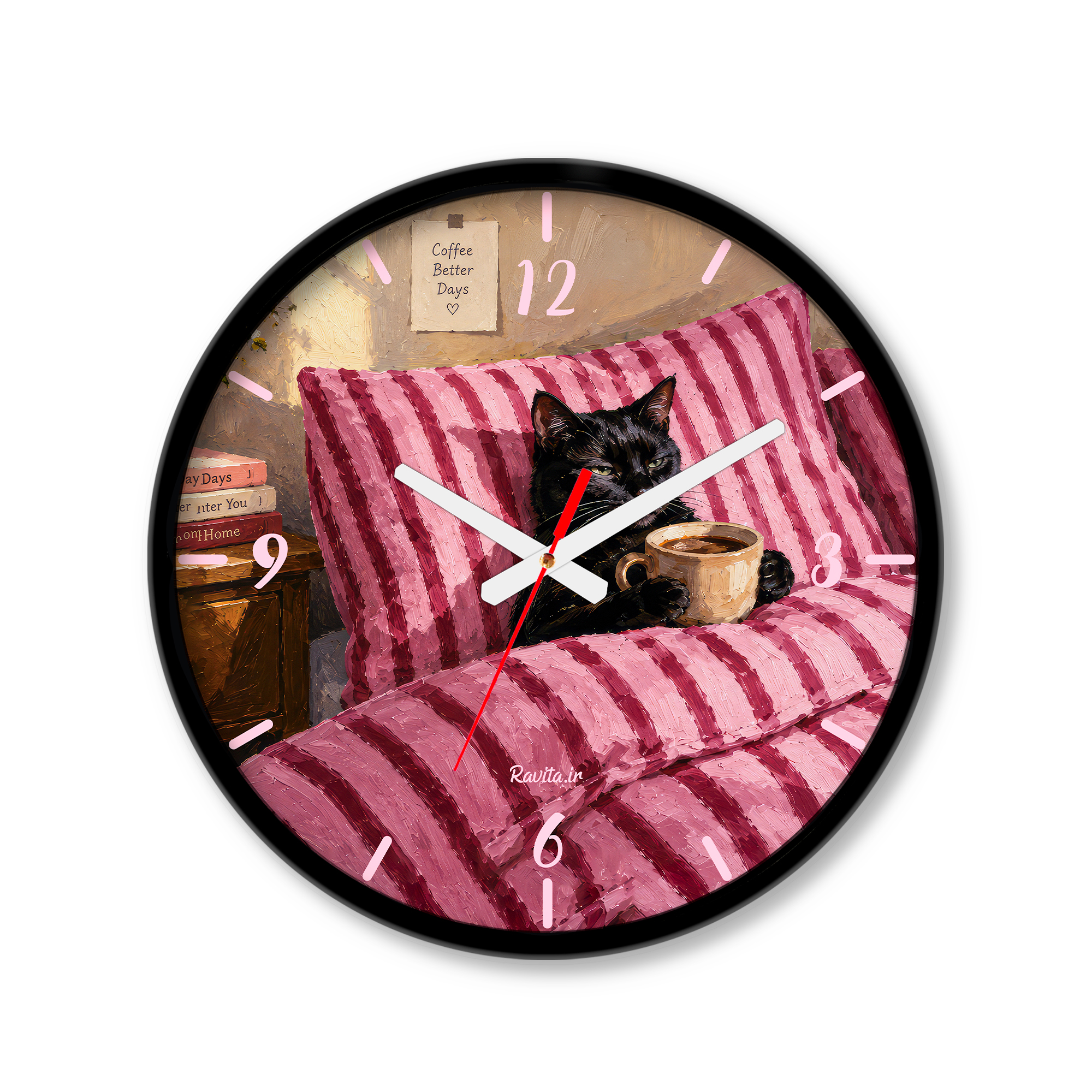 ساعت رومیزی دیواری راویتا طرح گربه سیاه و قهوه در تخت صورتی - Black Cat Coffee & Cozy Pink Bed کد 3959 ساعت رومیزی دیواری راویتا طرح گربه سیاه و قهوه در تخت صورتی - Black Cat Coffee & Cozy Pink Bed کد 3959