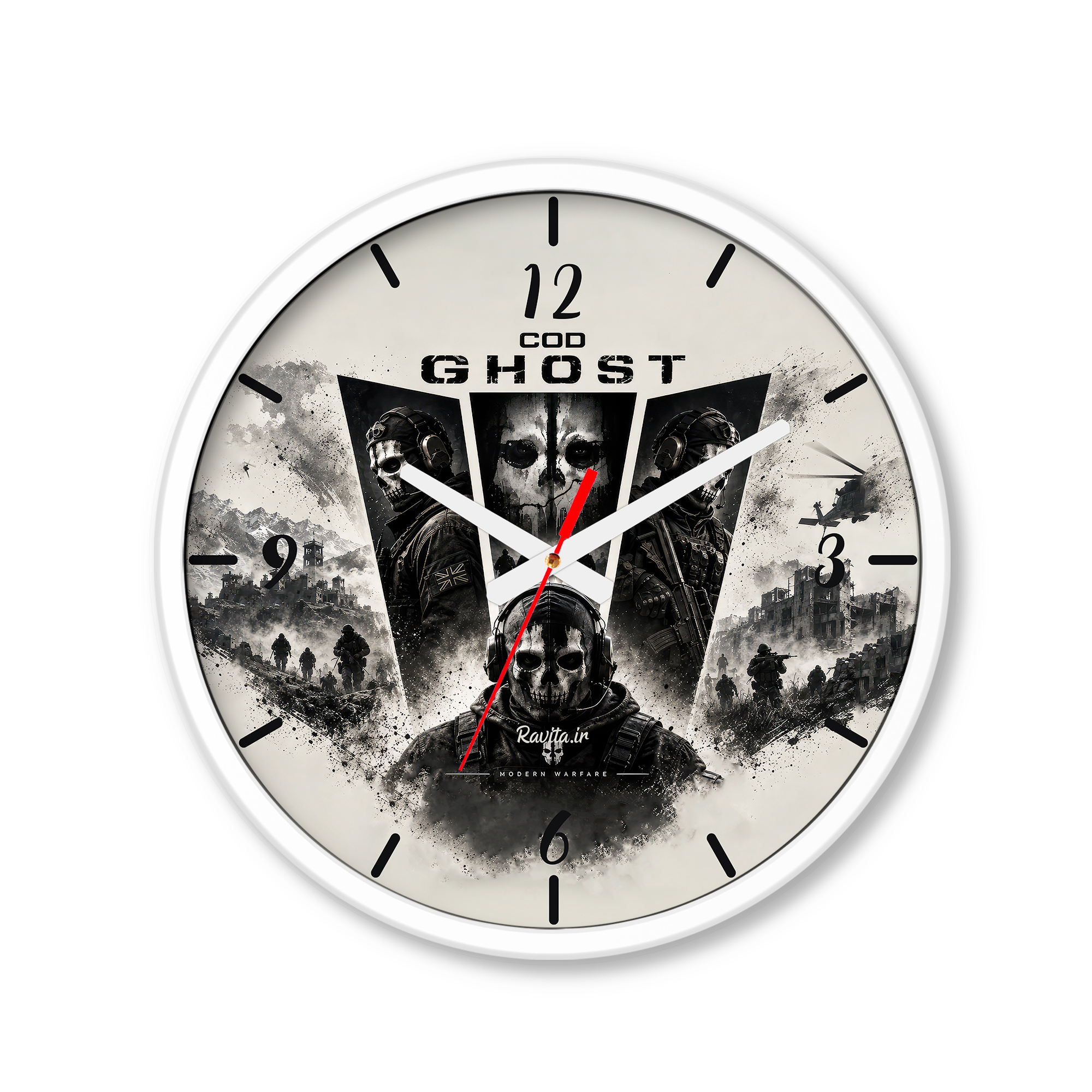 ساعت رومیزی دیواری راویتا طرح گوست کال اف دیوتی - Ghost Call of Duty کد 3924 ساعت رومیزی دیواری راویتا طرح گوست کال اف دیوتی - Ghost Call of Duty کد 3924