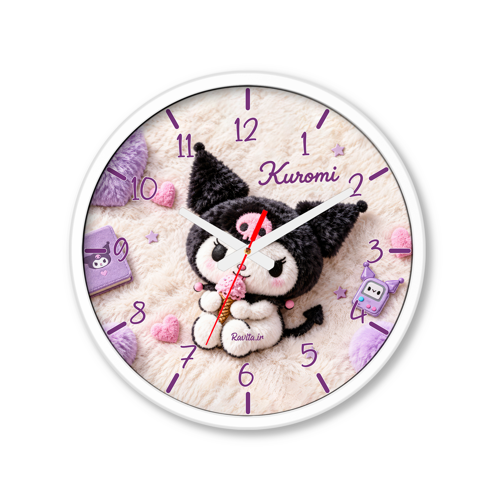 ساعت رومیزی دیواری راویتا طرح کرومی با بستنی - Kuromi with Ice Cream کد 3954 ساعت رومیزی دیواری راویتا طرح کرومی با بستنی - Kuromi with Ice Cream کد 3954