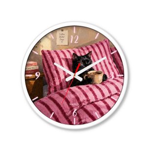 ساعت دیواری بزرگ راویتا طرح گربه سیاه و قهوه در تخت صورتی - Black Cat Coffee & Cozy Pink Bed کد 3959