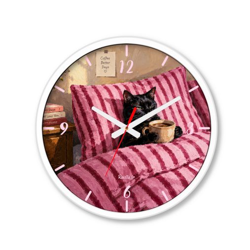 ساعت دیواری بزرگ راویتا طرح گربه سیاه و قهوه در تخت صورتی - Black Cat Coffee & Cozy Pink Bed کد 3959