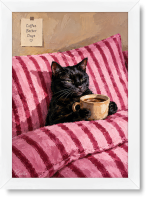 تابلو تکی راویتا طرح گربه سیاه و قهوه در تخت صورتی – Black Cat Coffee & Cozy Pink Bed کد 3959