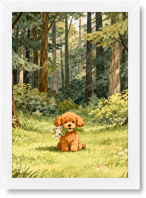 تابلو تکی راویتا طرح بچه سگ با دسته‌گل در جنگل – Puppy with Flowers in the Forest کد 3962