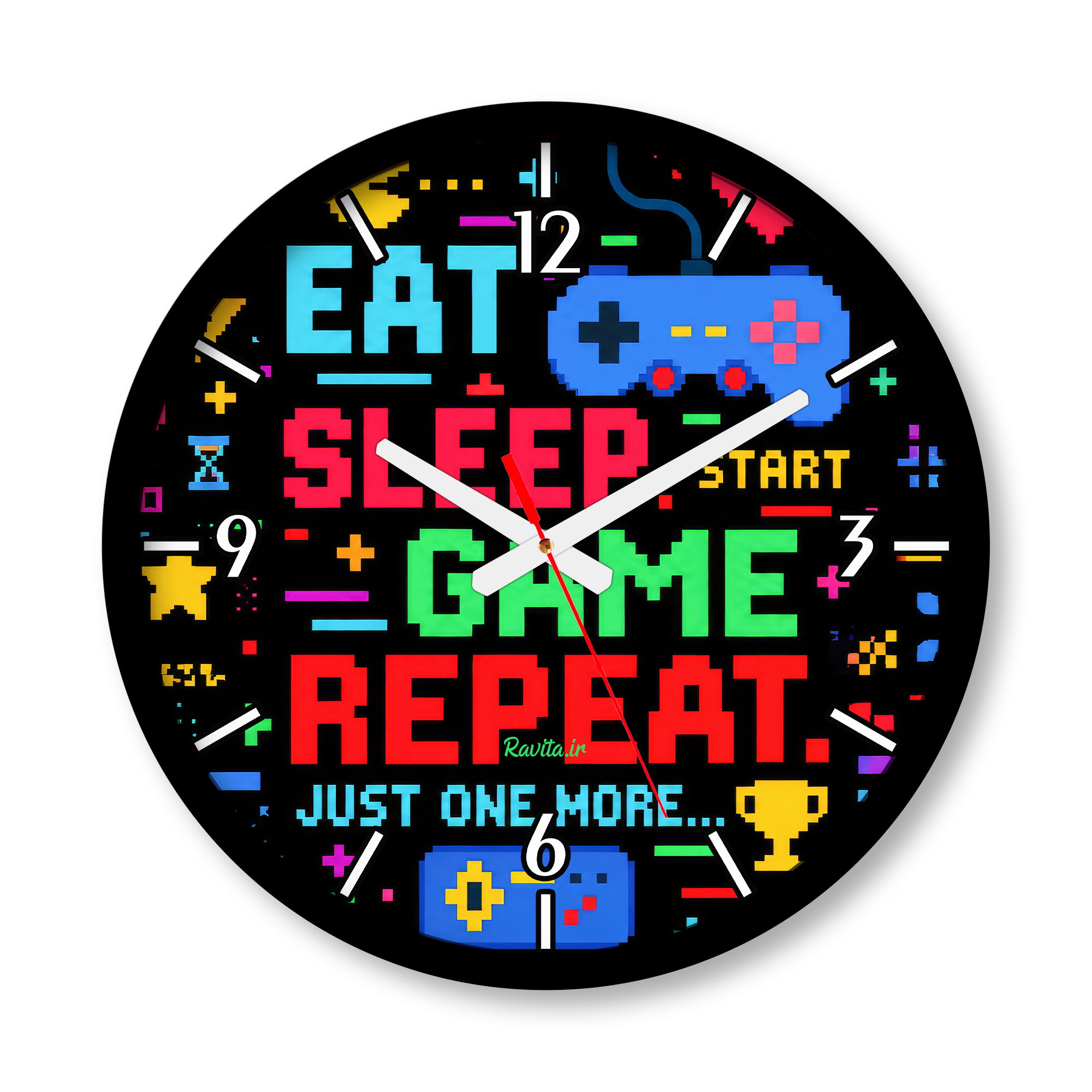 ساعت دیواری بزرگ راویتا طرح بخور، بخواب، بازی کن، تکرار کن - Eat Sleep Game Repeat کد 3995 ساعت دیواری بزرگ راویتا طرح بخور، بخواب، بازی کن، تکرار کن - Eat Sleep Game Repeat کد 3995