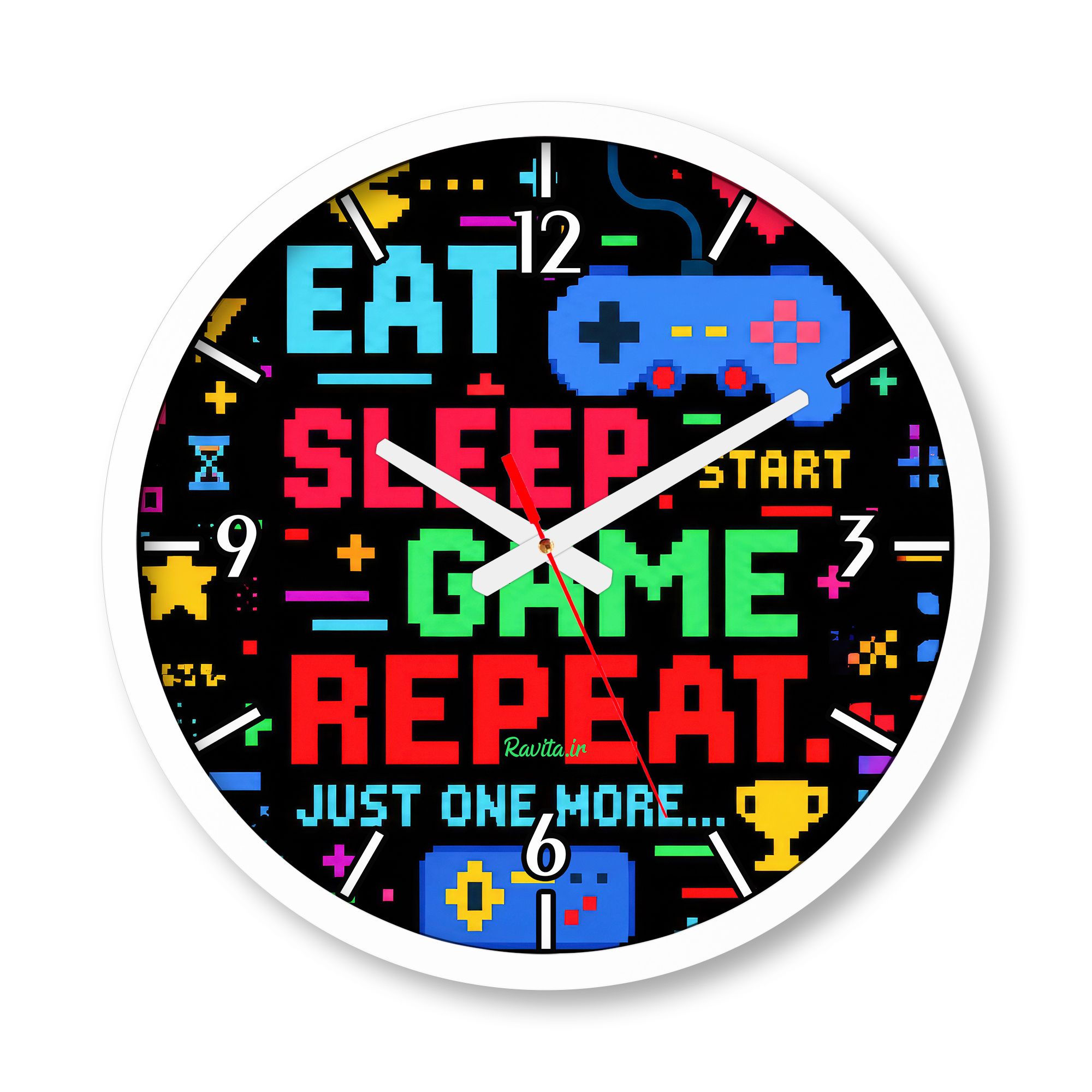 ساعت دیواری بزرگ راویتا طرح بخور، بخواب، بازی کن، تکرار کن - Eat Sleep Game Repeat کد 3995 ساعت دیواری بزرگ راویتا طرح بخور، بخواب، بازی کن، تکرار کن - Eat Sleep Game Repeat کد 3995